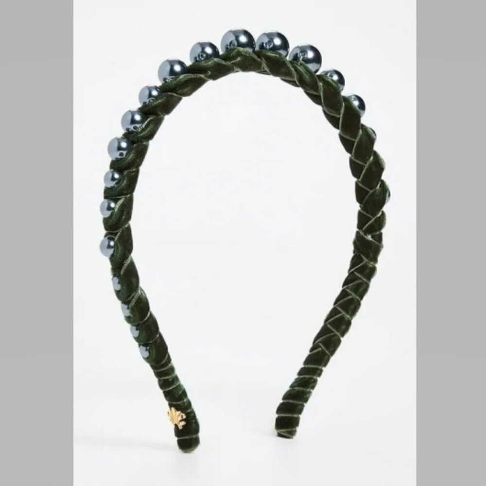 Lele Sadoughi Graduated Pearl Headband in Green Velvet Tahitian Faux Pearl NWT